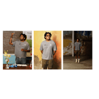 four pictures of a man wearing a t - shirt