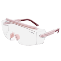 a pair of safety glasses with a pink frame and clear lenses