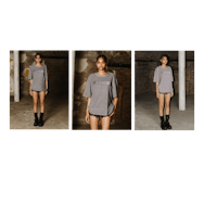 four pictures of a woman wearing a grey t - shirt