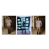 four pictures of a woman standing in front of a television